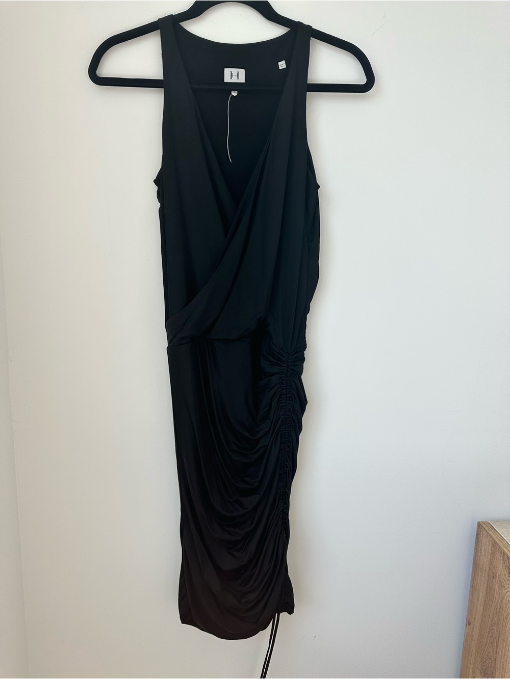 Halston Heritage Black Sleeveless Side Tie Ruched Dress
